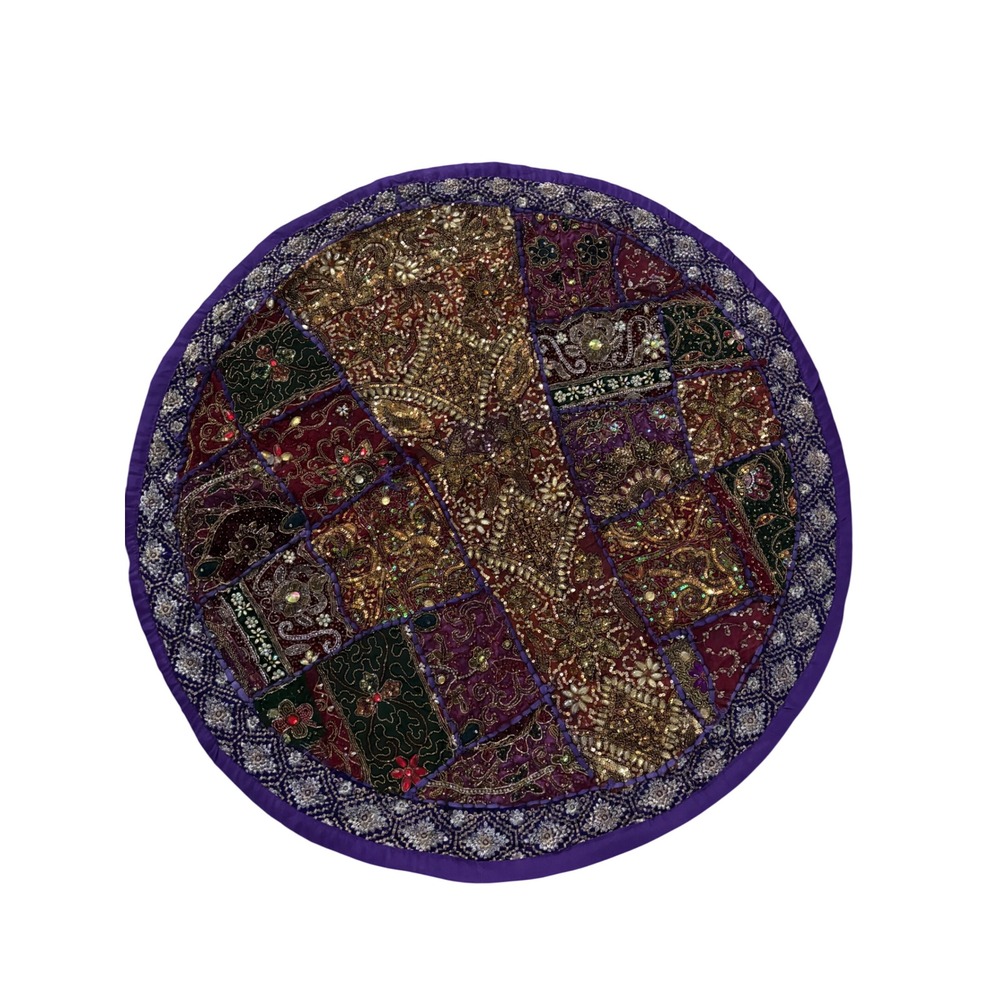 Handmade Indian Patchwork Round Tapestry Gold Zardosi Beaded Boho Purple‎ 22in